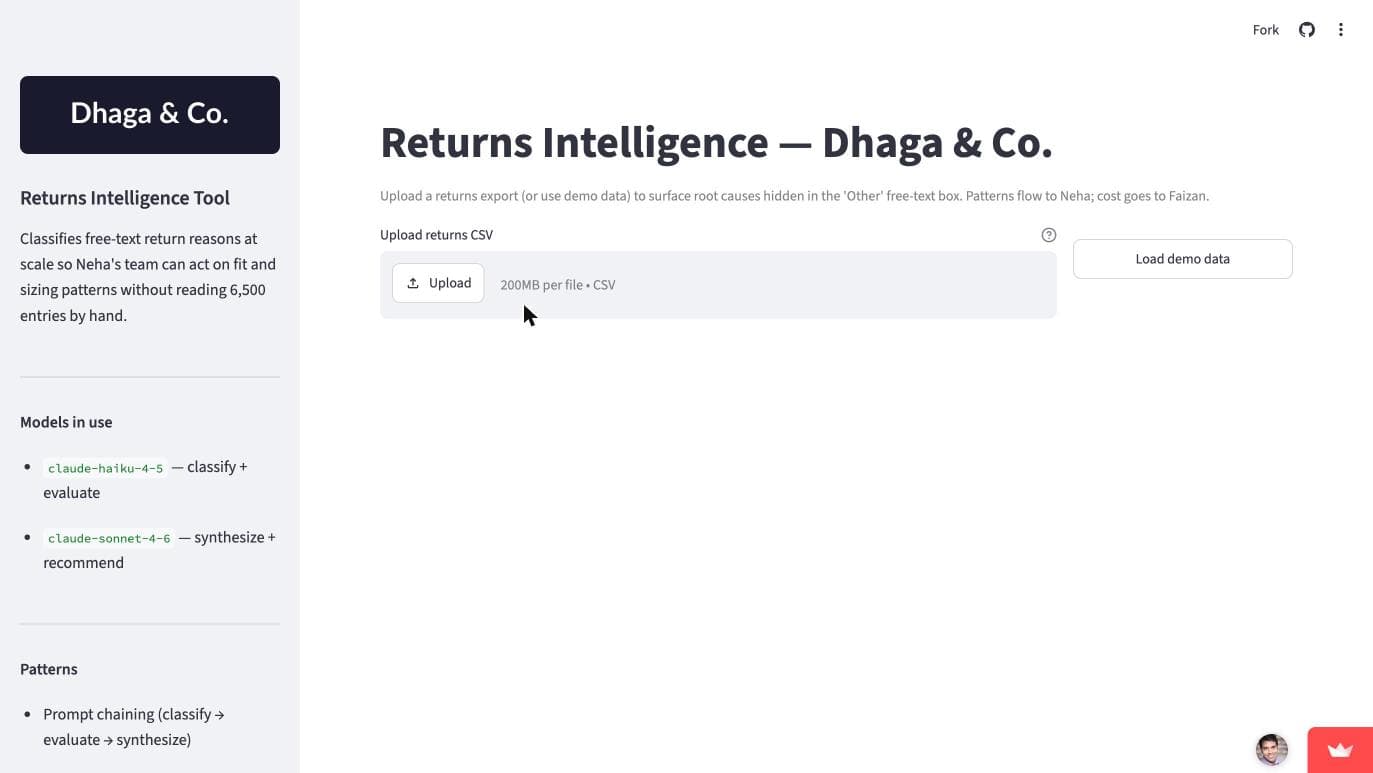 Dhaga Returns Intelligence: Streamlit dashboard showing return categories, weekly digest and model trace.