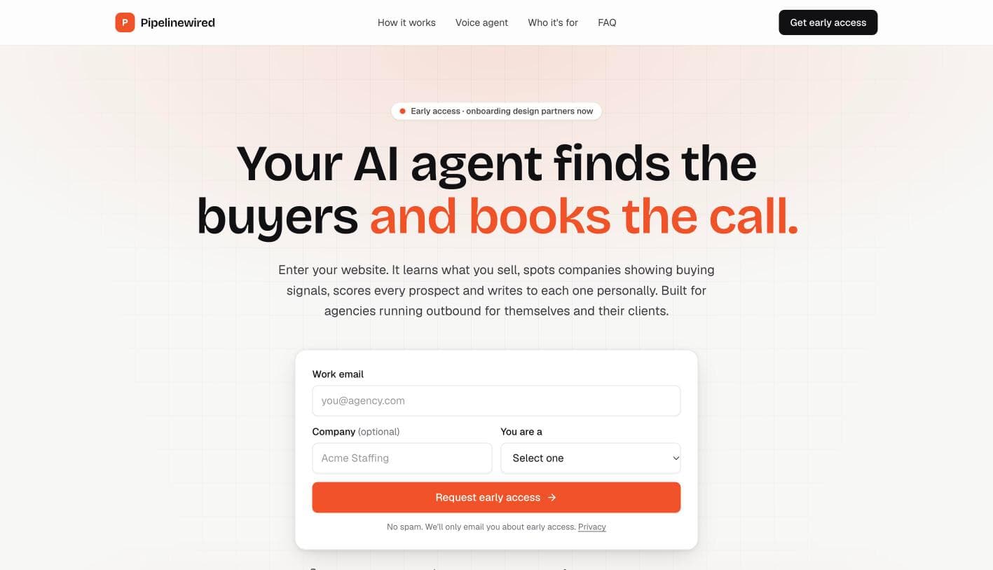 Pipelinewired landing page: "Your AI agent finds the buyers and books the call."
