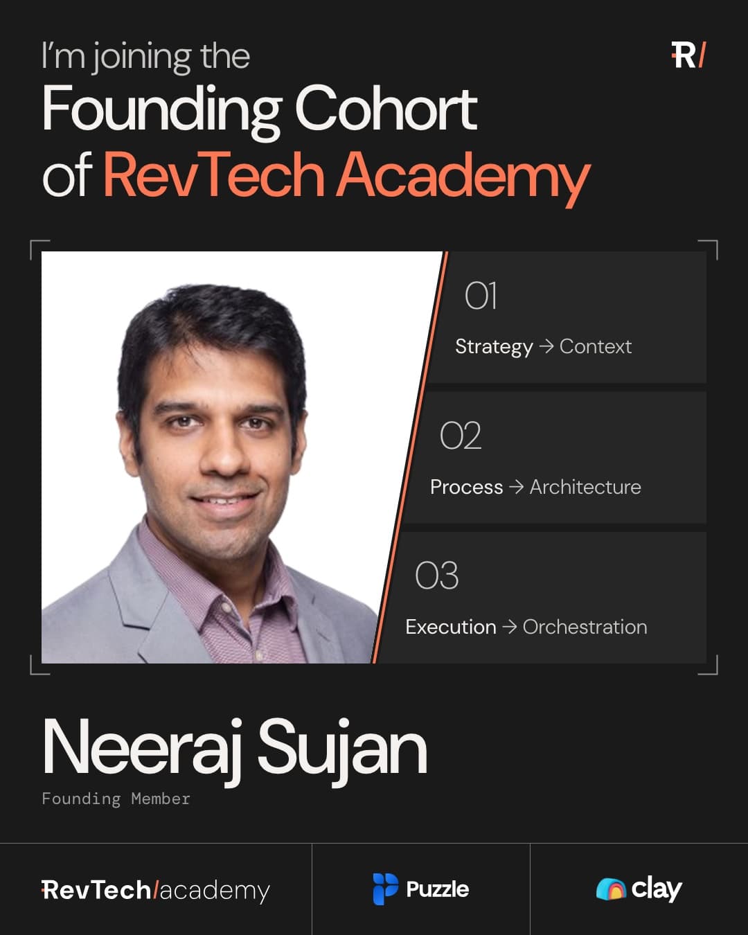 Announcement card: Neeraj Sujan joins the Founding Cohort of RevTech Academy as a Founding Member.