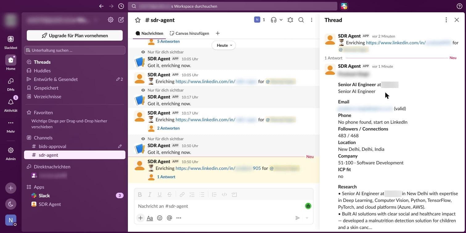 Slack thread where the SDR Agent posts an enriched lead card with role, verified email, company and research.