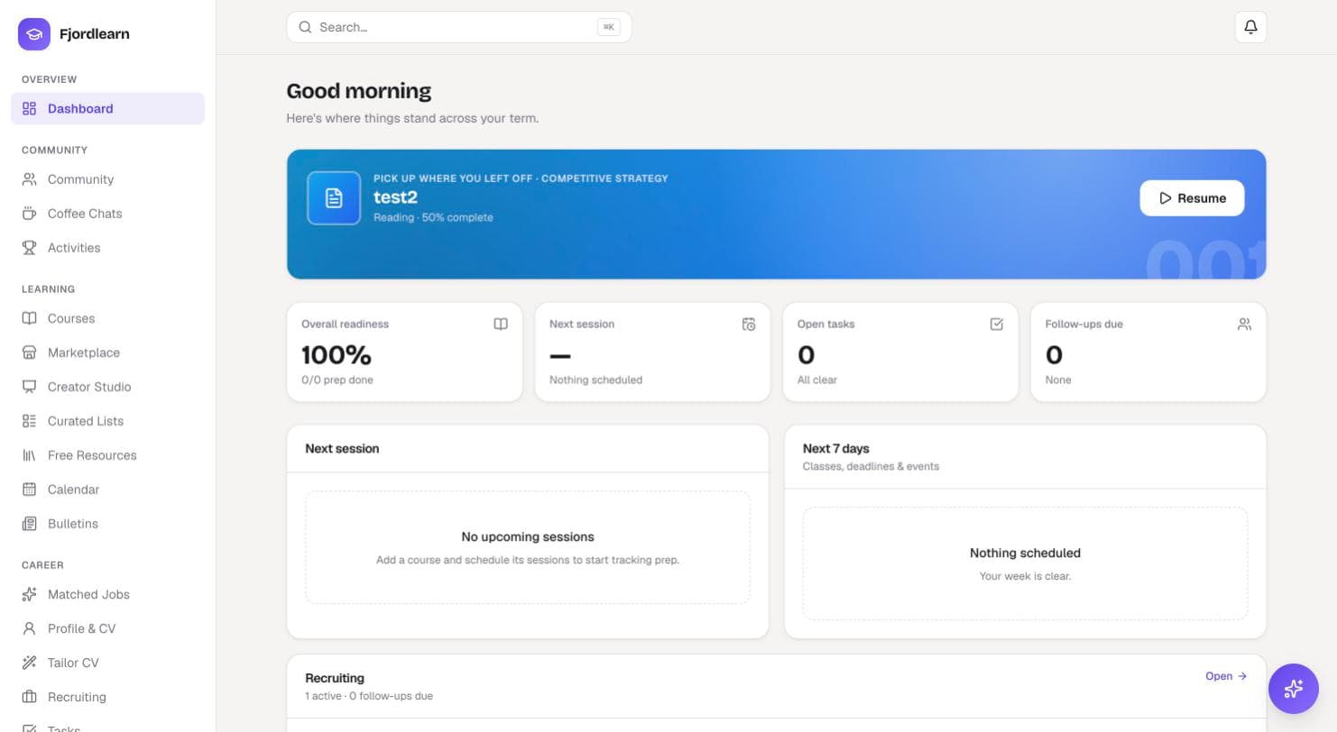 Fjordlearn dashboard: overall readiness, next session, open tasks, follow-ups due, and next 7 days at a glance.